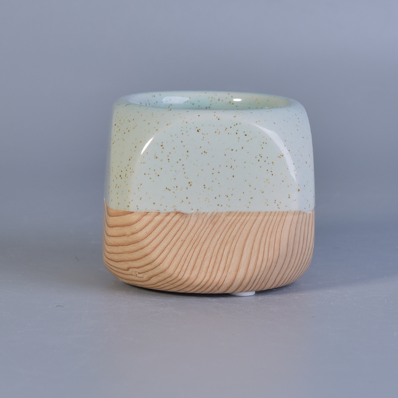 ceramic candle jar with wooden base