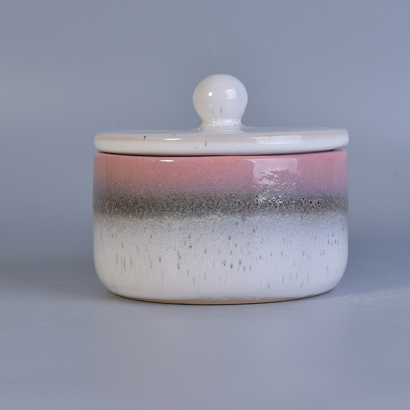Popular shape hand painted tree pattern ceramic candle jars Fambe glazing ceramic home decoration fragrance candle jar with lid