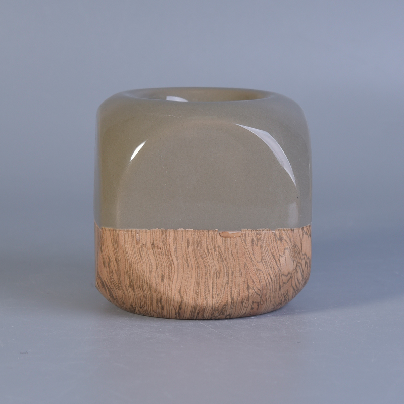Popular shape hand painted tree pattern ceramic candle jars Wood style square ceramic tea light candle holder wholesale