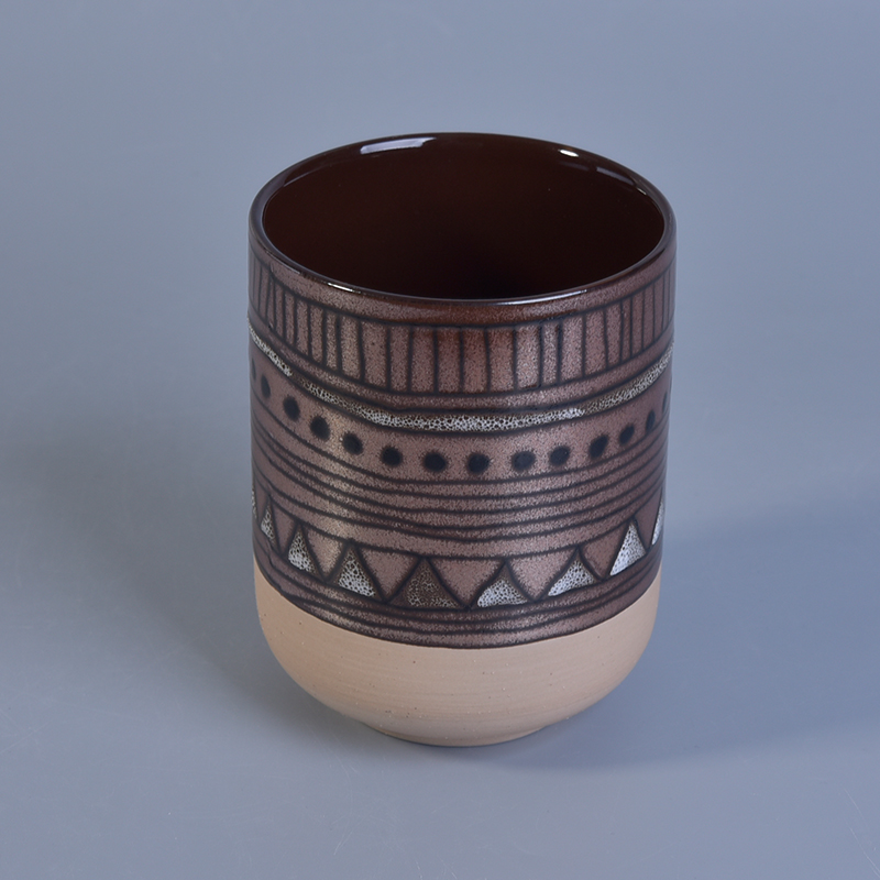 Metal finish hand made ceramic candle holder with geometric painted