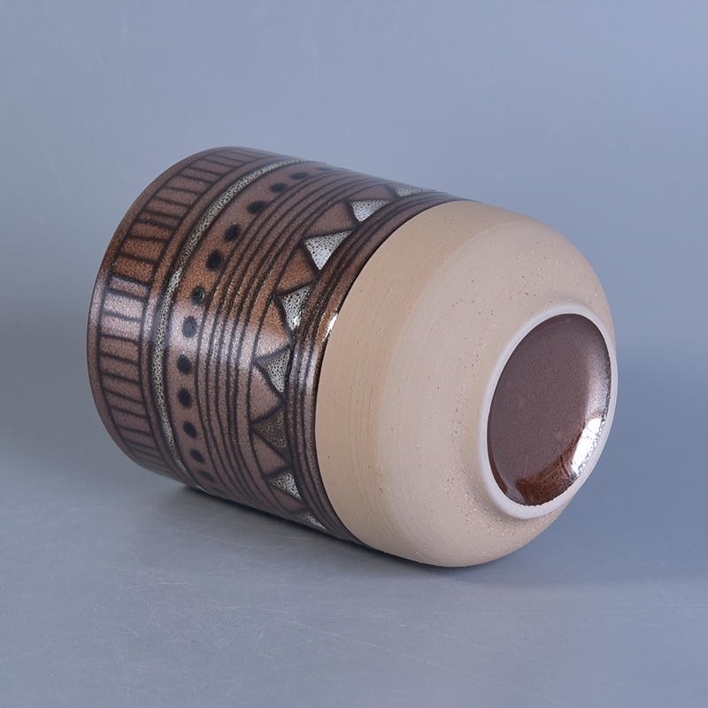 Metal finish hand made ceramic candle holder with geometric painted