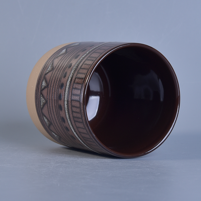 Metal finish hand made ceramic candle holder with geometric painted