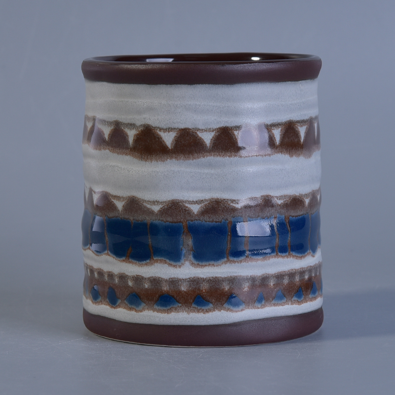 Reactive glazed with handpainting ceramic candle jar for home fragrance