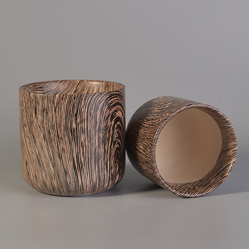 Novel wood grain printed ceramic candle vessel