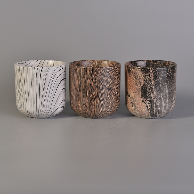 Novel wood grain printed ceramic candle vessel