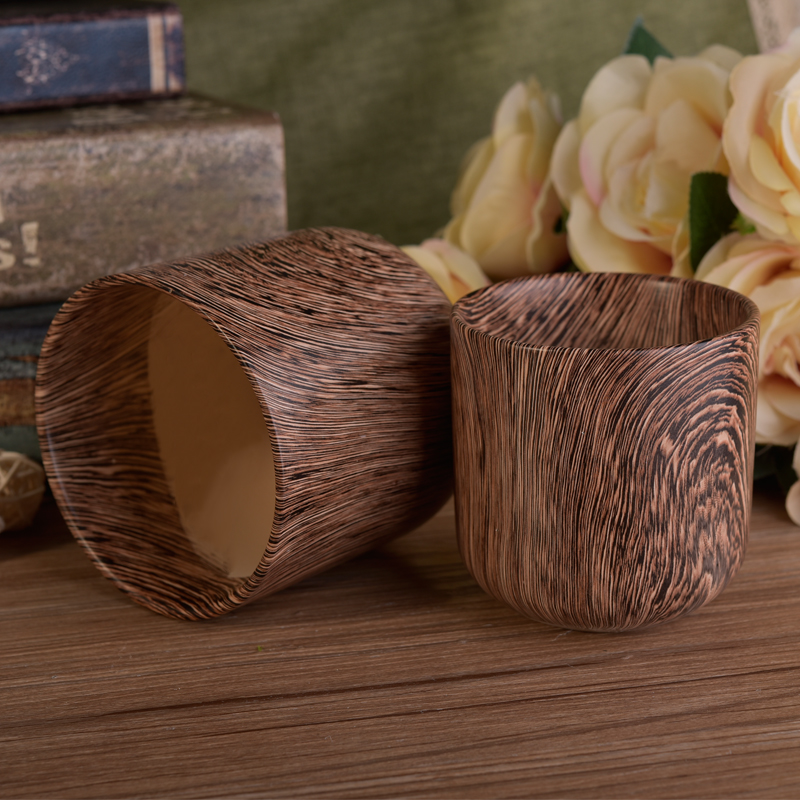 Novel wood grain printed ceramic candle vessel