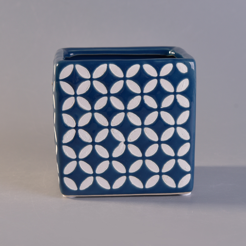 Classical Square Blue Ceramic Candle Holders with Custom Printing