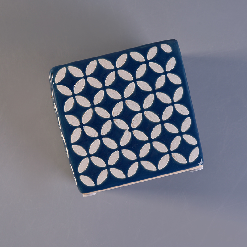 Classical Square Blue Ceramic Candle Holders with Custom Printing