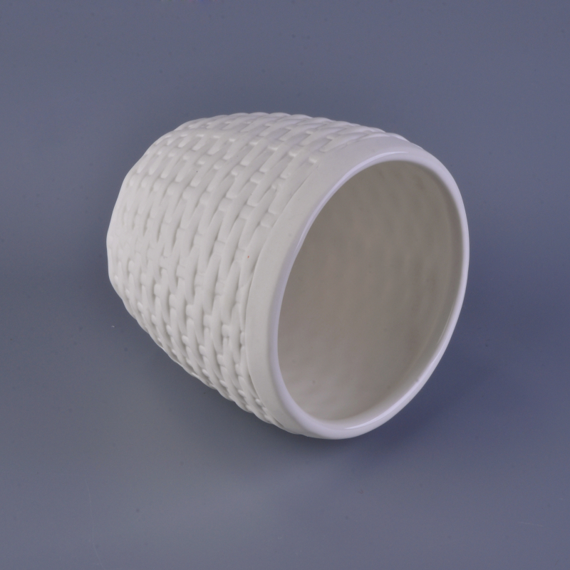 Weave pattern matte white ceramic candle vessels wholesale