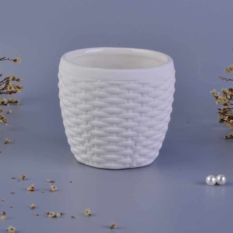 Weave pattern matte white ceramic candle vessels wholesale