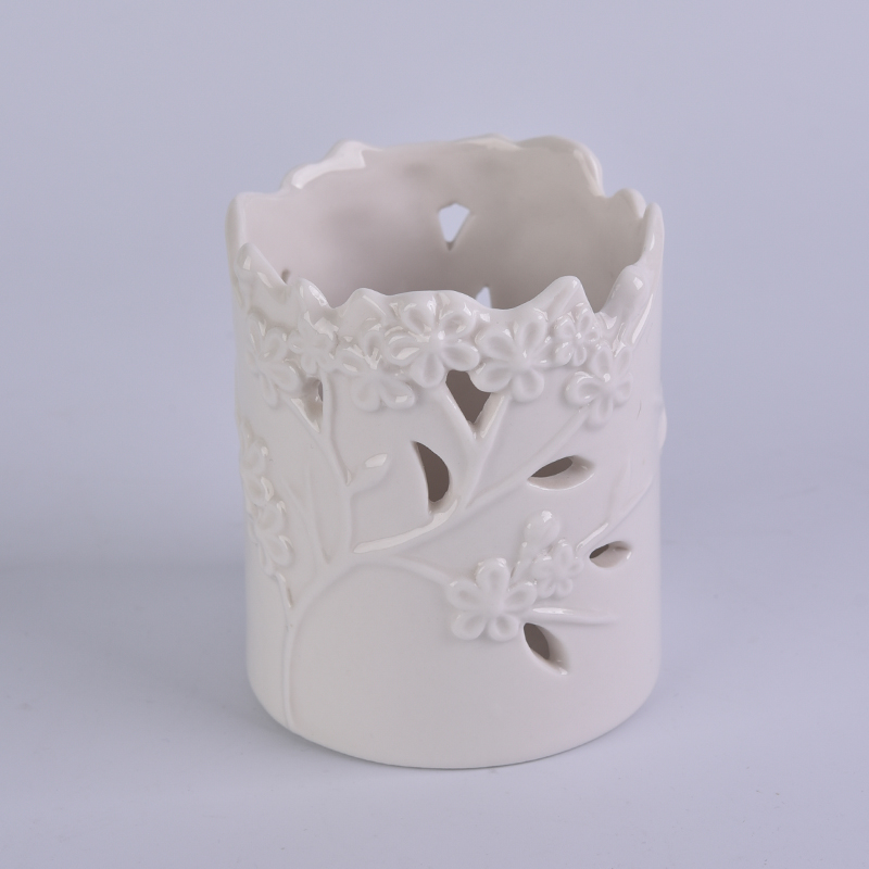 Custom white flower perforated ceramic wedding candle holder Custom white flower perforated ceramic wedding candle holder