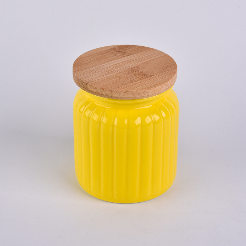 10 oz pumpkin design yellow ceramic candle jars with bamboo lid