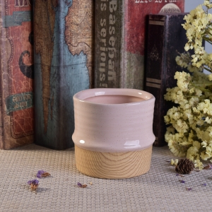 Color glaze ceramic candle holder with wooden bottom wholesales