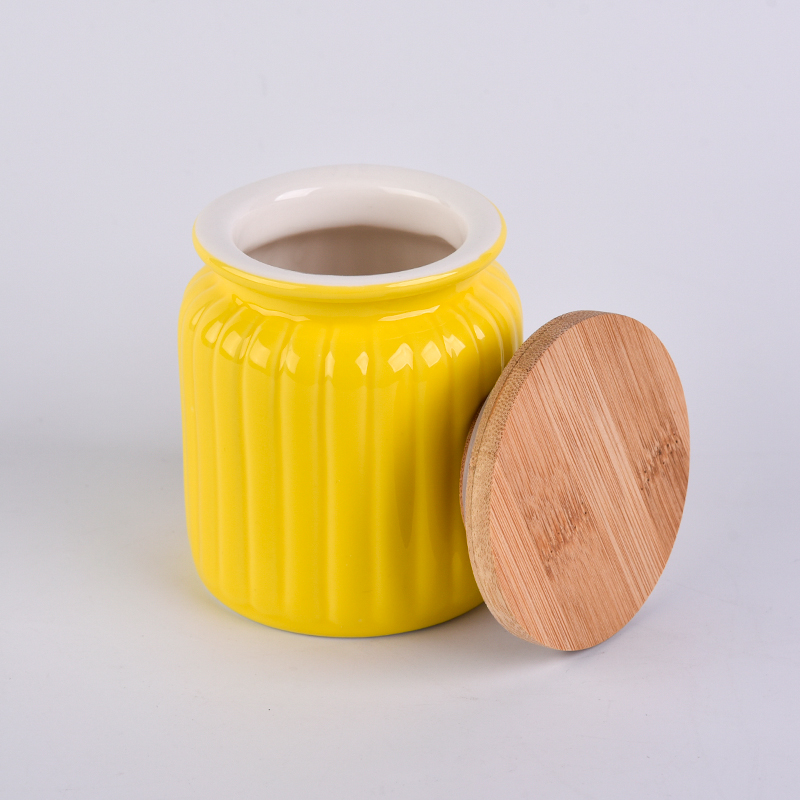 Yellow pumpkin ceramic container with wood lid