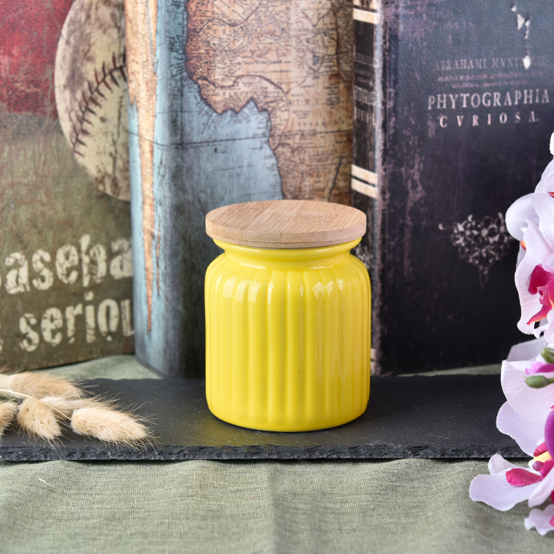 Yellow pumpkin ceramic container with wood lid