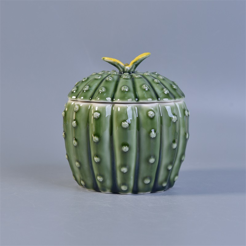 cactus shaped ceramic candles holder with lid green glossy surface