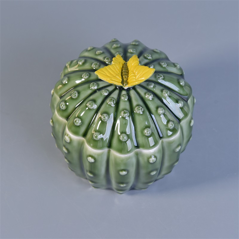 cactus shaped ceramic candles holder with lid green glossy surface
