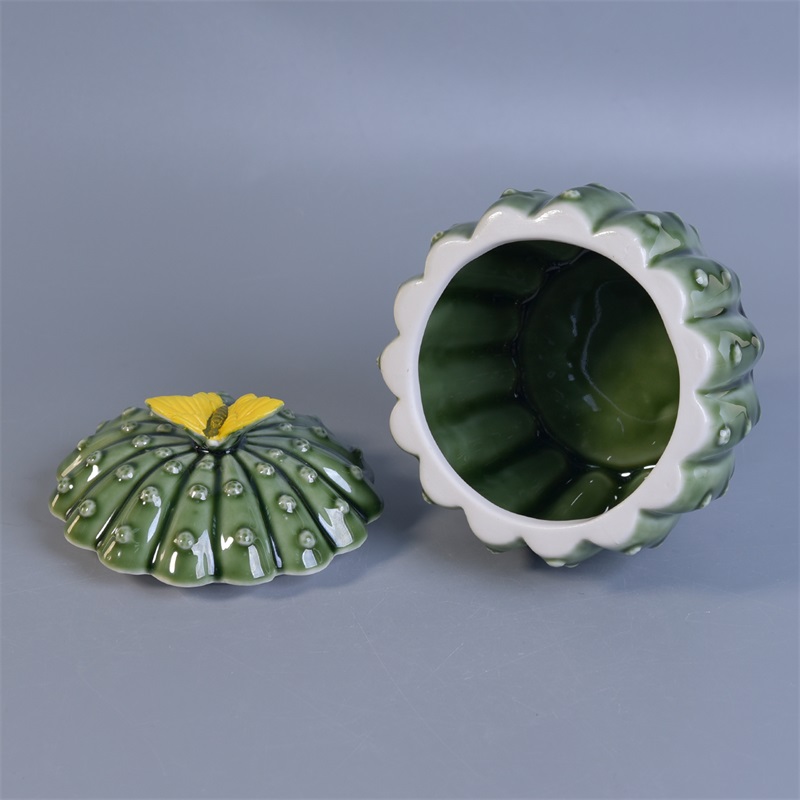 cactus shaped ceramic candles holder with lid green glossy surface