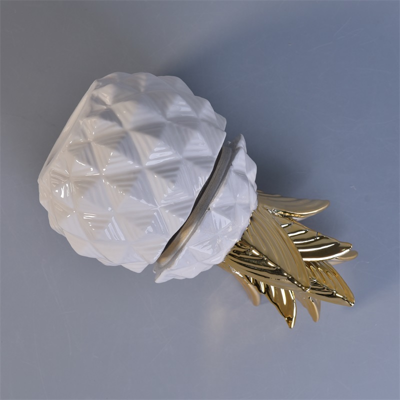 White pineapple ceramic jar with gold lid 12 oz volume