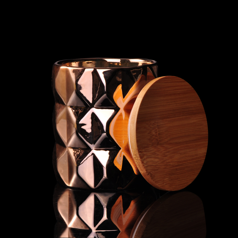 Copper ceramic candles holder with wooden lid Copper ceramic candles holder with wooden lid