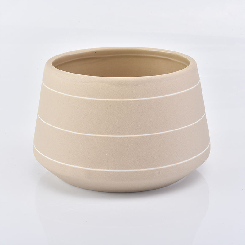 680ml yellow ceramic candle cantainer with white lines