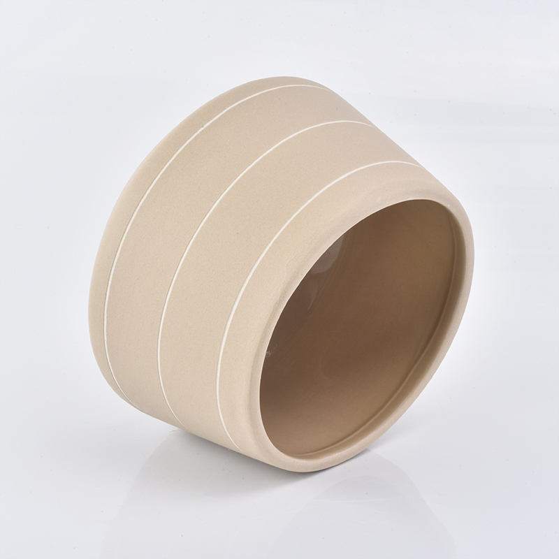 680ml yellow ceramic candle cantainer with white lines