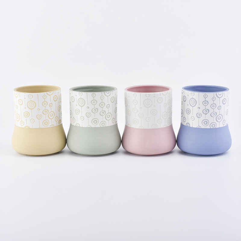light green ceramic candle holder with white pattern Unique ceramic candle jar round base