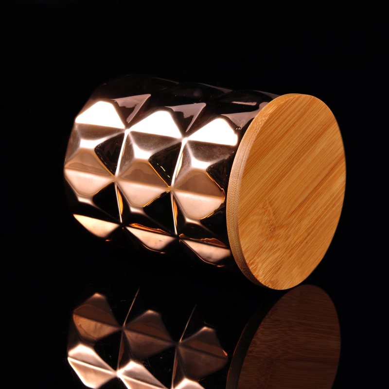 Big capacity bronze ceramic candle container with wooden lid