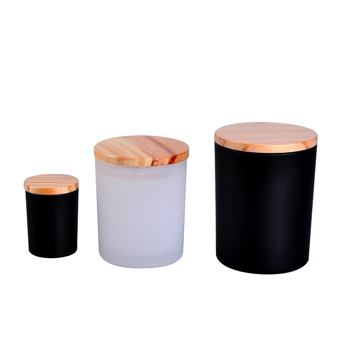 Matte black glass candle jar with wooden lid