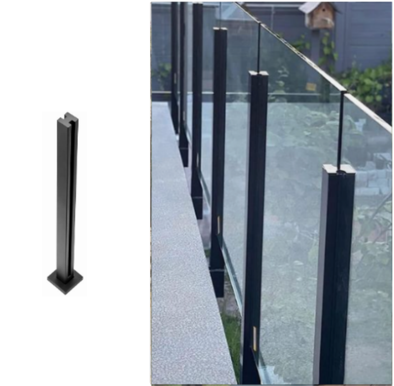 عمود درابزين زجاجي محفور من الفولاذ المقاوم للصدأ باللون الأسود على شكل دائري أو مربع للدرابزين الزجاجي