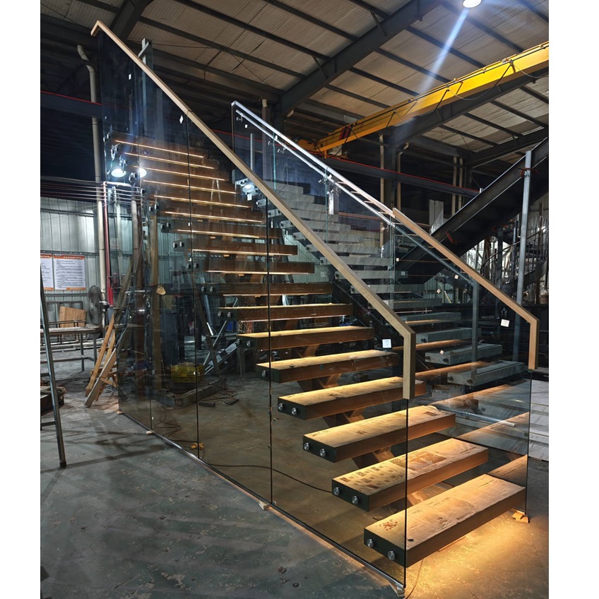 Shenzhen Factory House Modern White Oak Staircase Design Interior Floating Stair with LED Light