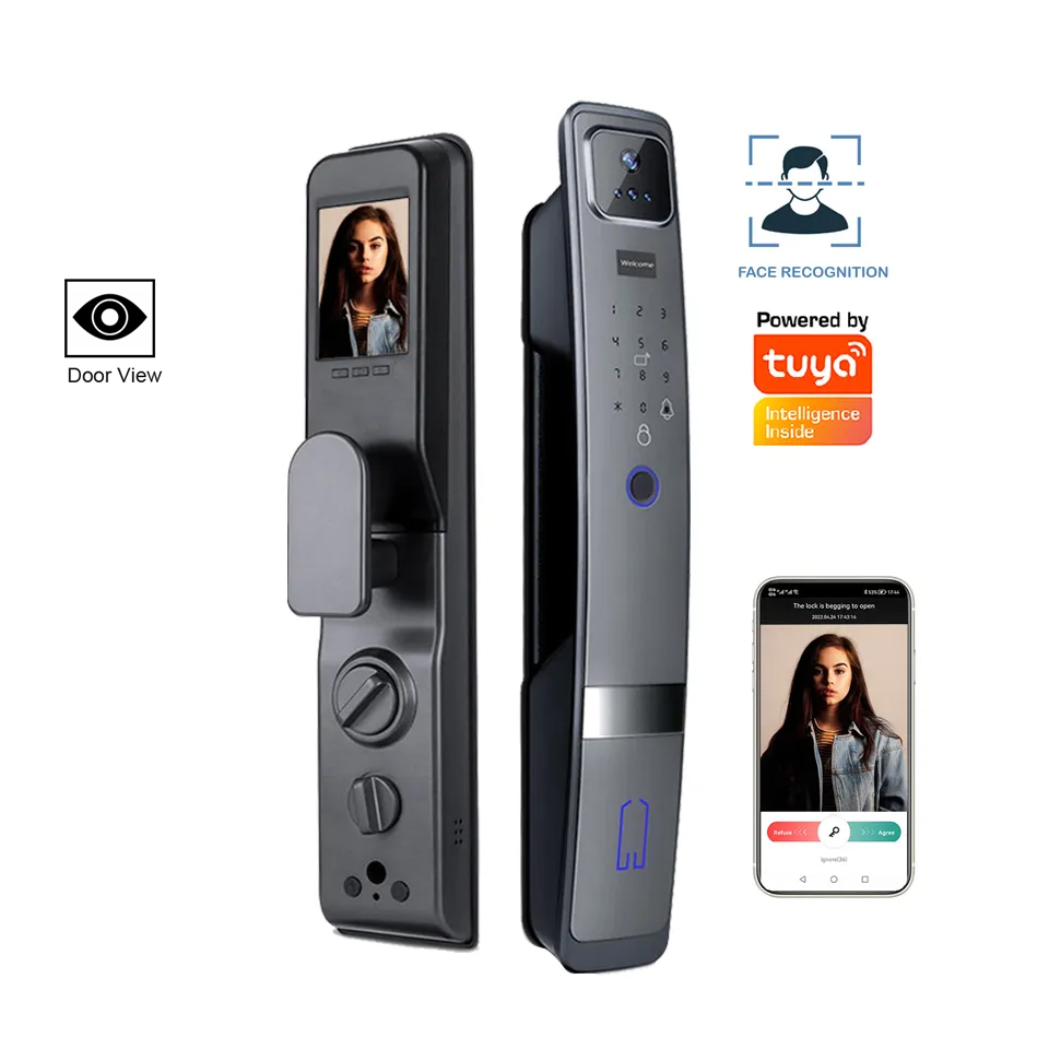 High Quality Automatic intelligent Smart Door Lock Camera Tuya Wifi Lock Fingerprint Password Card With Cat Eye and voice
