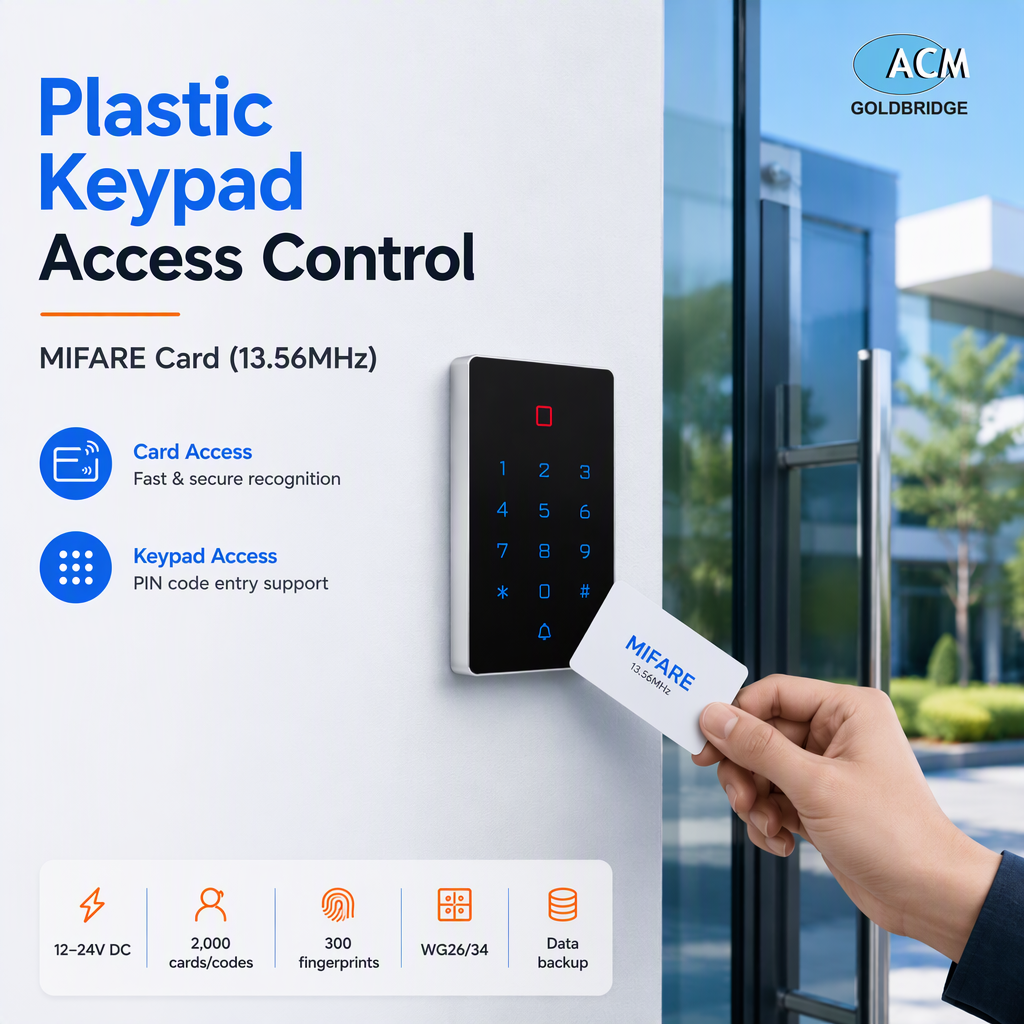 Pengontrol Akses Keypad Plastik, Pembaca Kartu 13,56MHz, 12-24V DC, 2000 Pengguna, 300 Sidik Jari, Pasokan Massal Pabrik Cadangan Data