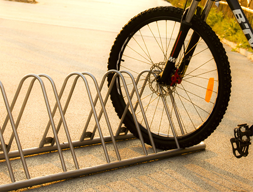 commercial bike parking area with galvanized bike racks