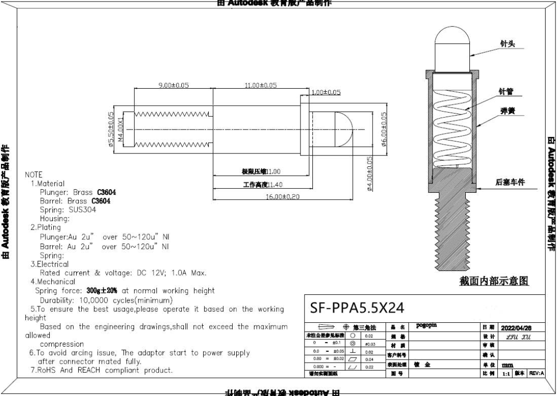 China Gold plated spring loaded test pogo pin with round head and 300g spring force manufacturer