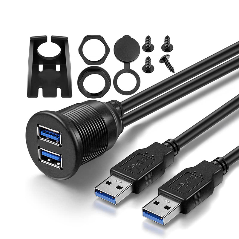 Puertos dobles USB 3.0 macho a hembra Cable de extensión impermeable al ras para montaje en automóvil