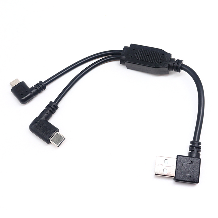 Y Splitter Cable 90 Degree USB A to Type C and Micro USB 5pin Male Charging Cable