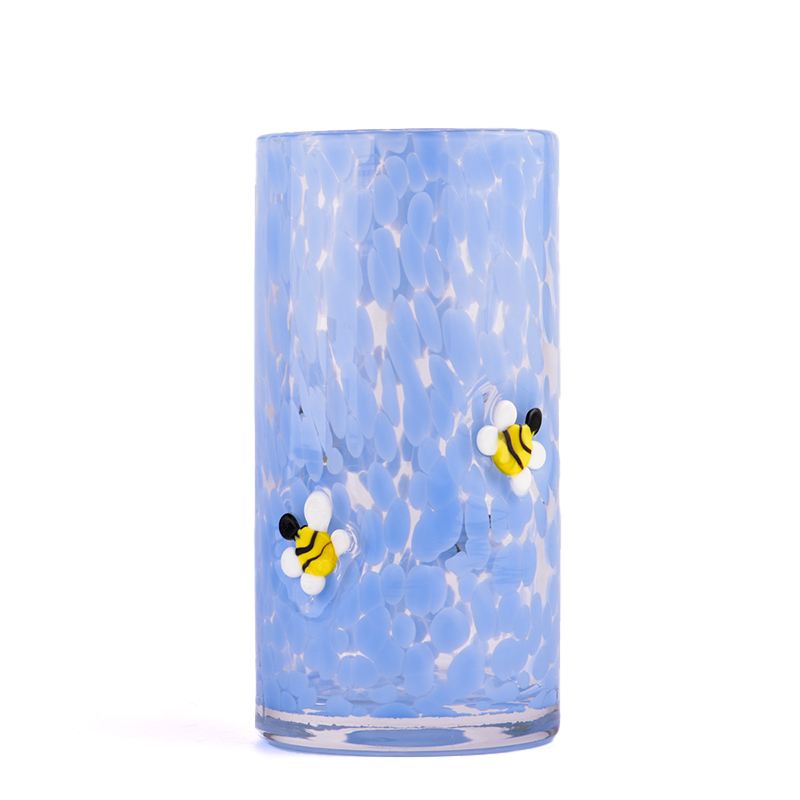 Hot sale 16oz blue glass candle vessels with bee pattern candle jars