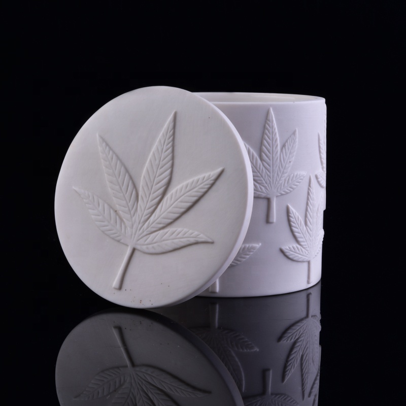 10oz 20oz Supplier leaf white frosted ceramic candle holder with lid