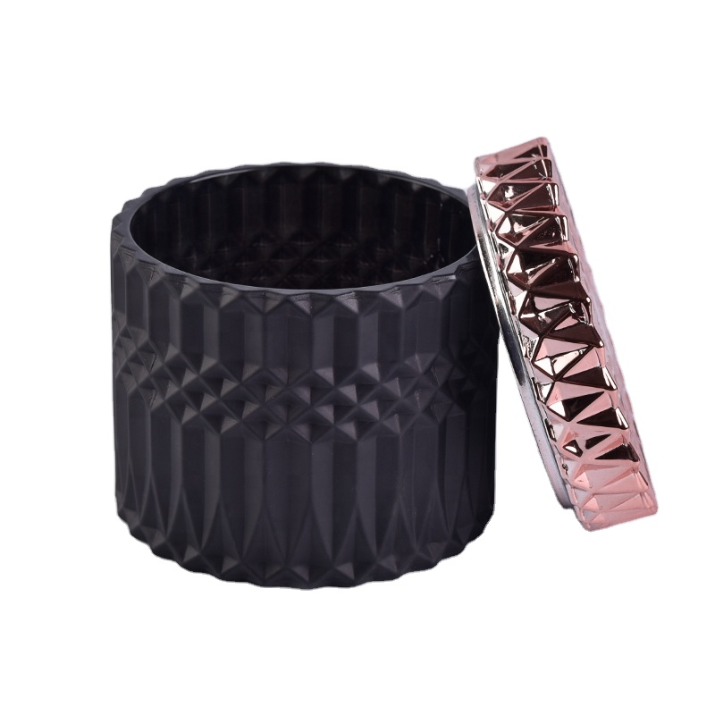 Matte geo cut black glass candle holders with lid home decor wholesales