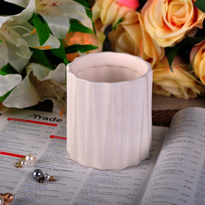 Recycled table decoration white geo cut ceramic candle jar