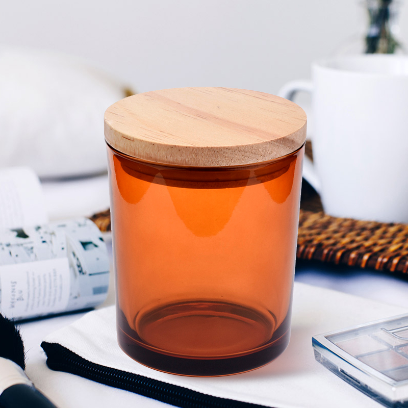 Wholesale Amber glass candle jars with wood lids