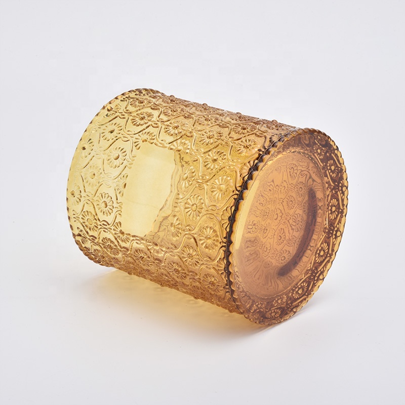 H shaped amber glass candle holders with glass lids