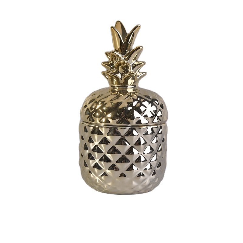 Pineapple golden ceramic candle container with lid for home decoration