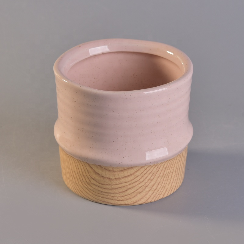 Cylinder handmade candle votive container ceramic candle jar with wooden base wedding decoration factory