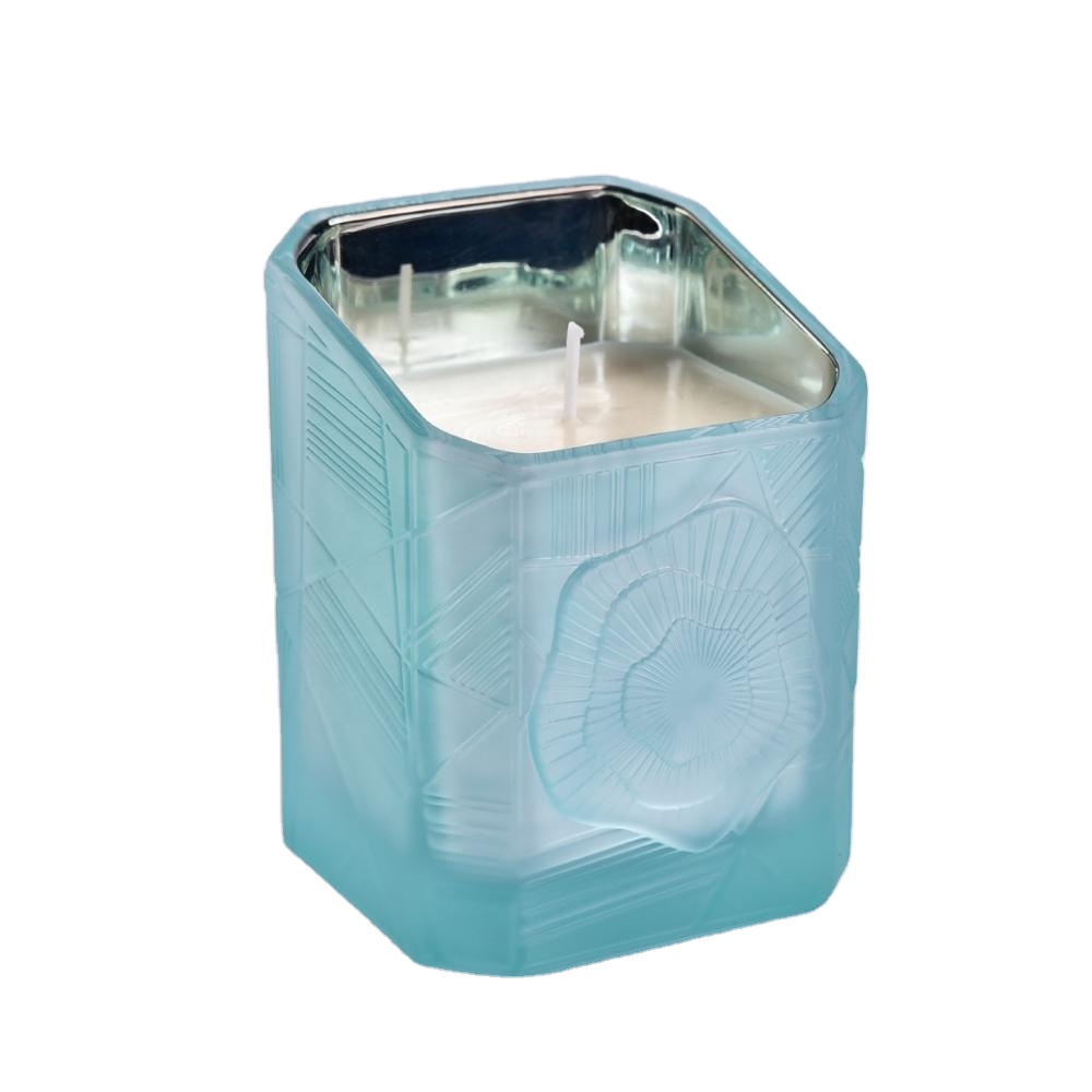 8oz 13oz 14oz supplier luxury Trapezoid blue glass vessel for candles