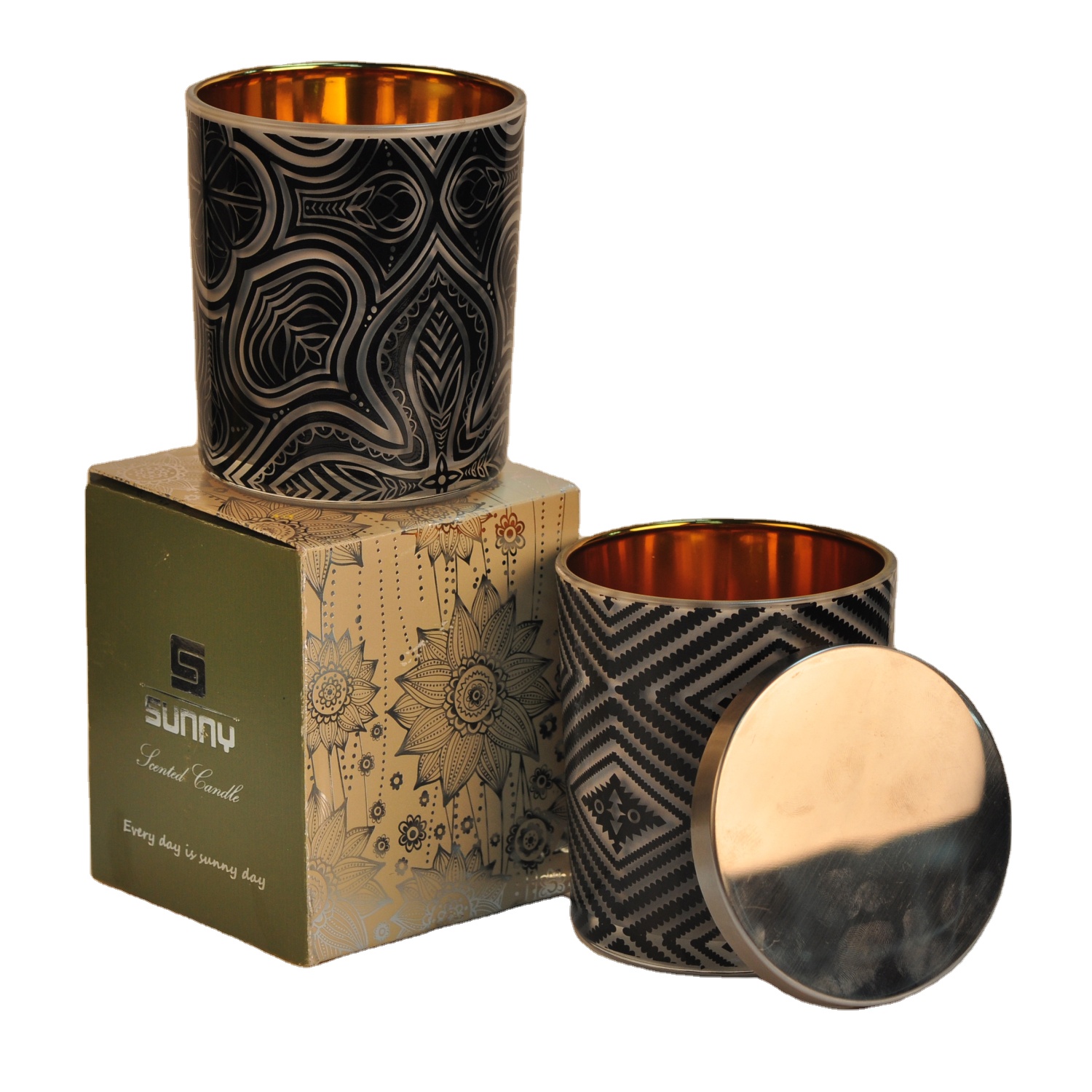 Bulk luxury empty embossed gold glass candle jars with box