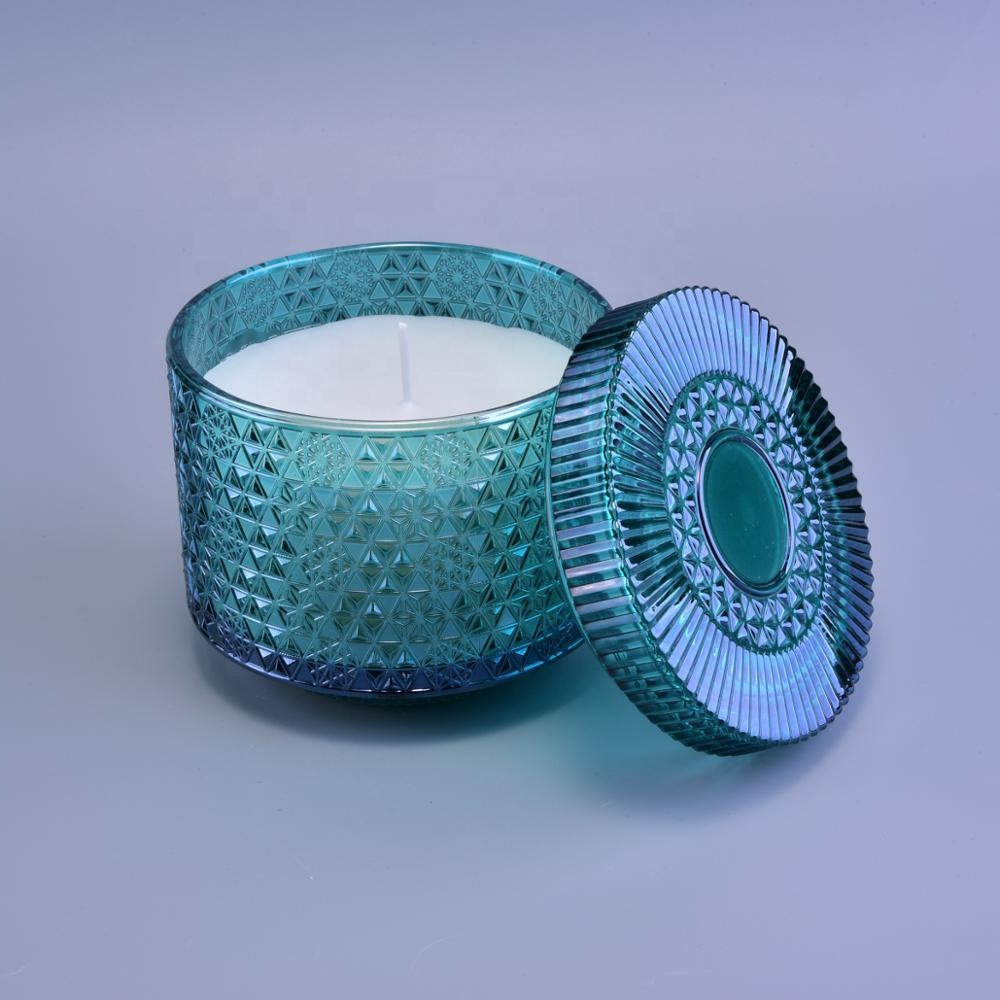 Hot sales blue luxury empty glass candle jar for candle making with lid