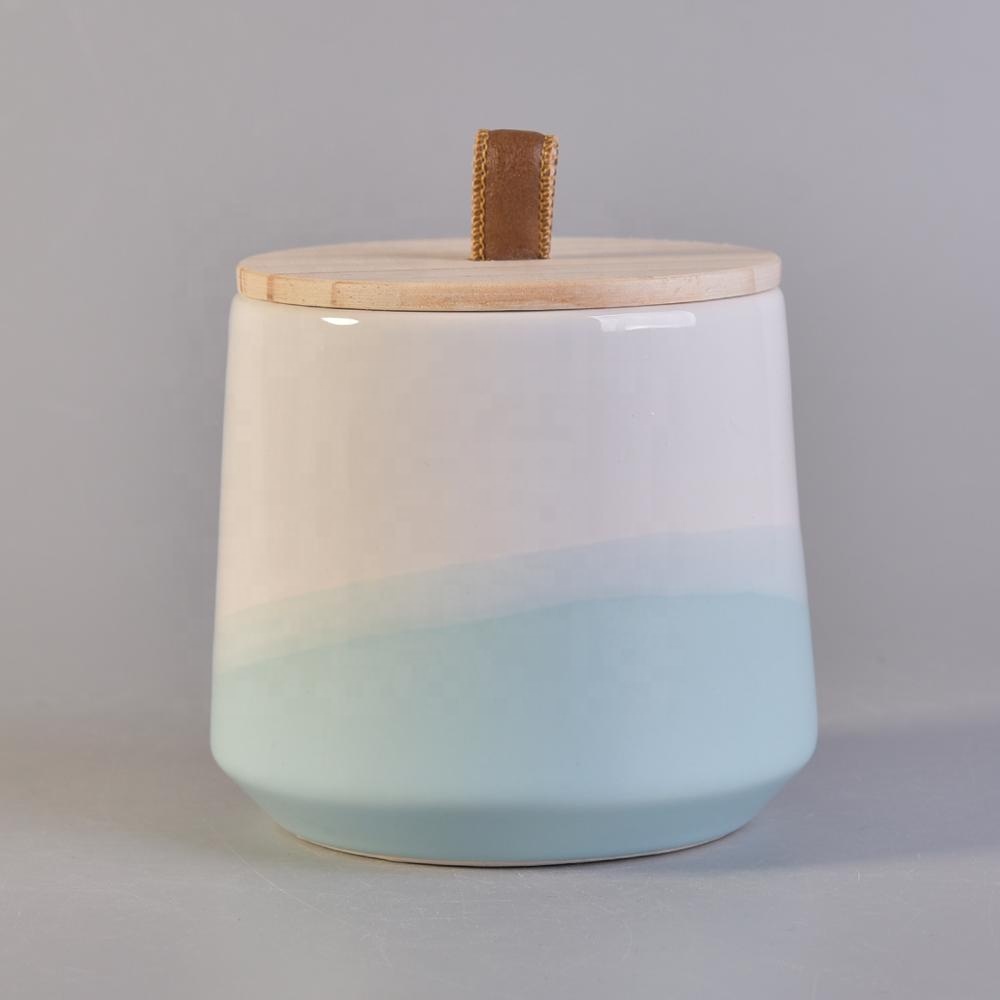 Sunny luxury blue custom logo ceramic candle jars with wood lid