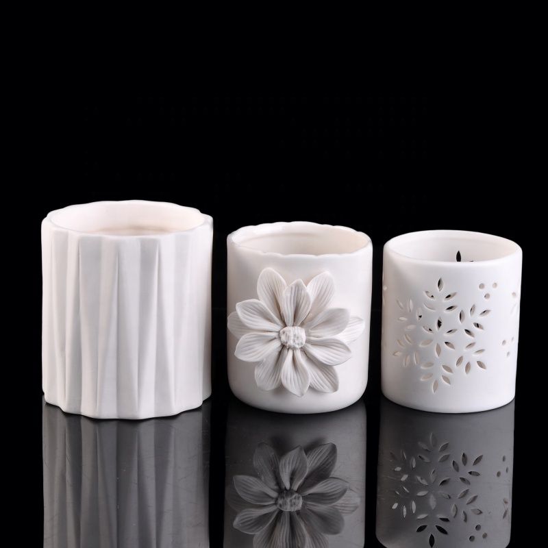Recycled table decoration white geo cut ceramic candle jar